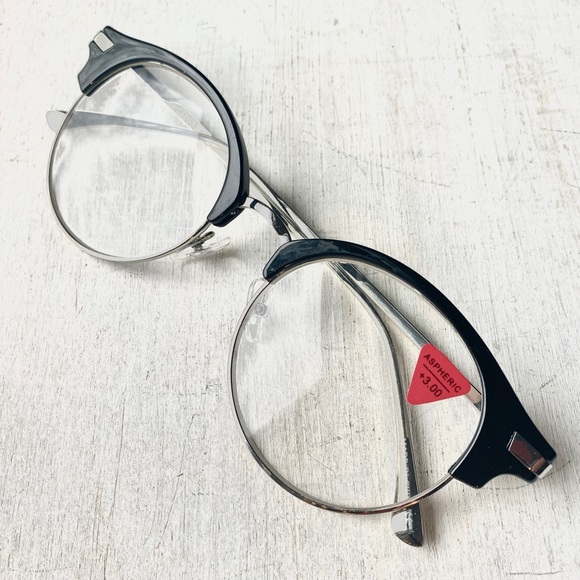 Gigantic +3.00 Reading glasses Round Browline Metal WIDE BIG FIT Black Silver - Picture 7 of 10